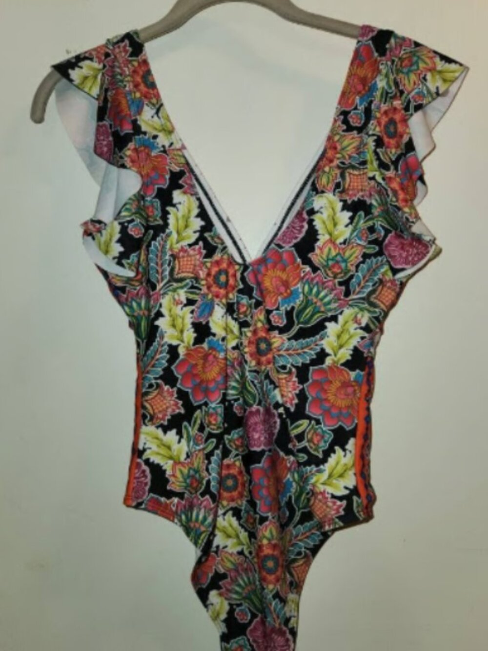 NEW M Women's Floral Print Deep V Neck Ruffle Trim Bathing Suit 1pc Swimsuit - Picture 6 of 9